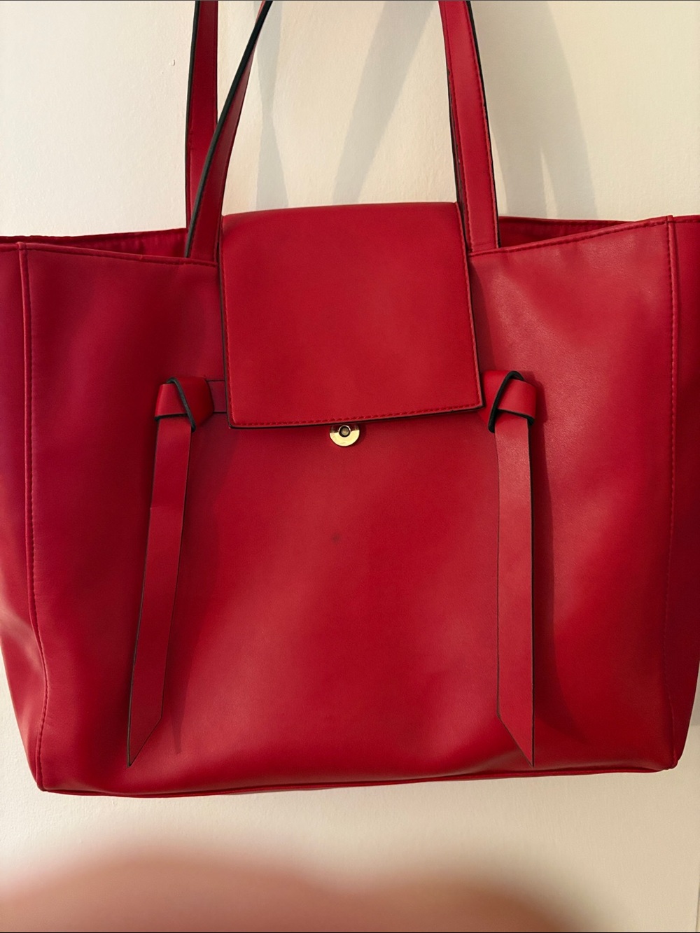 Red Faux-Leather Tote with Front Flap and Strap Accents